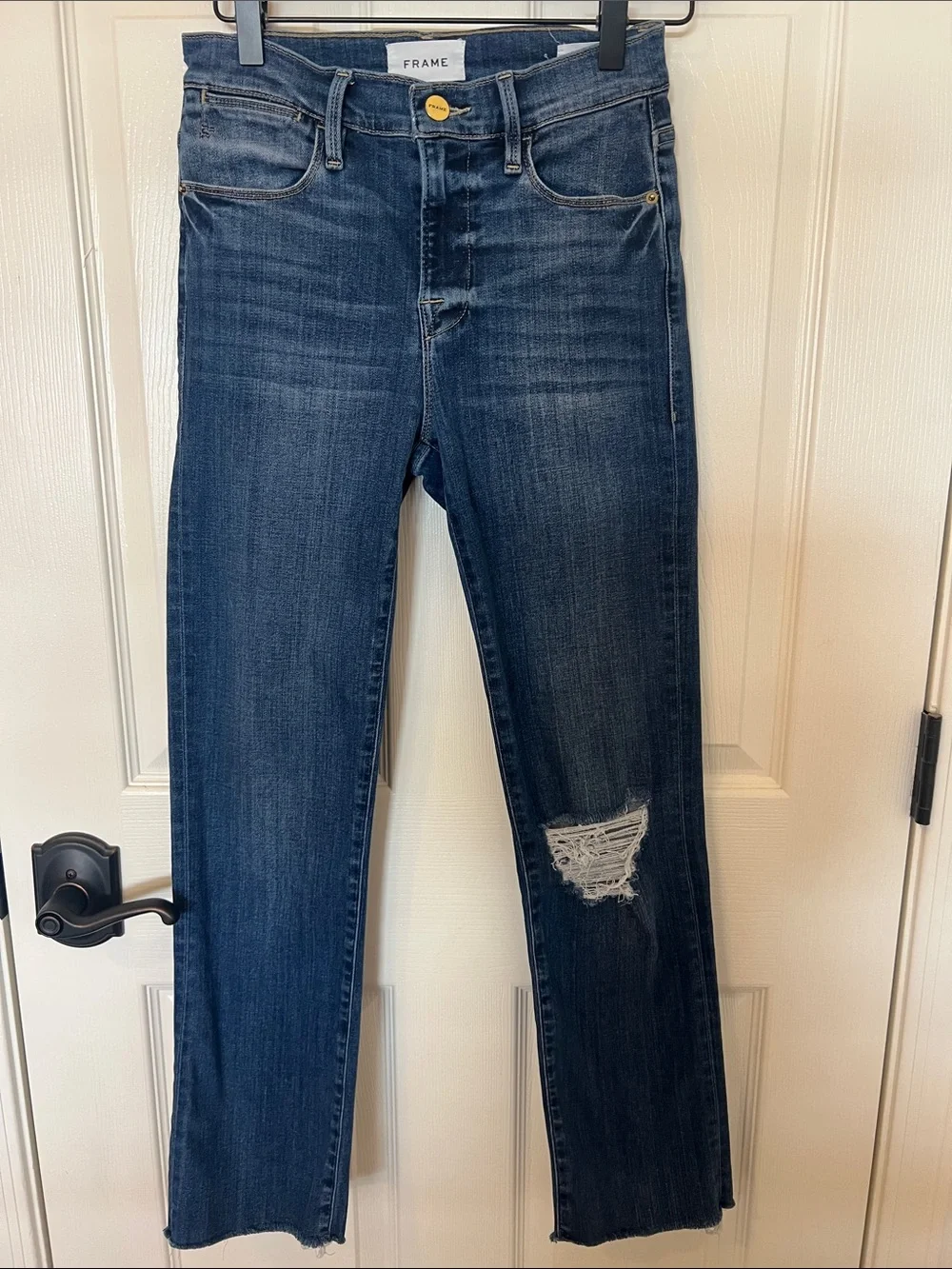 Frame Denim Jeans Le High Straight-Leg Knee Distress Blue 26 Ankle Fray Hem